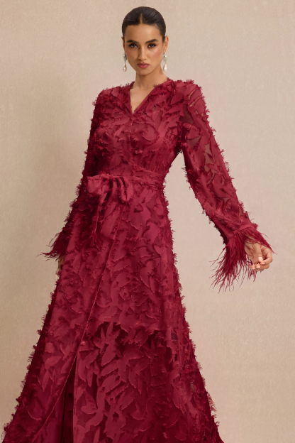 Jacquard Bell Sleeve Feather Midi Dress