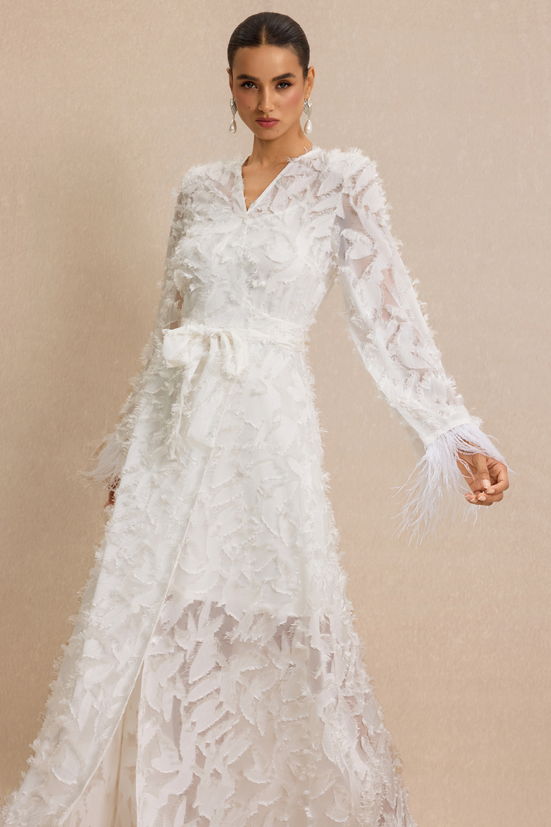 Jacquard Bell Sleeve Feather Midi Dress