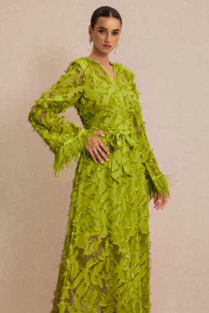Jacquard Bell Sleeve Feather Midi Dress