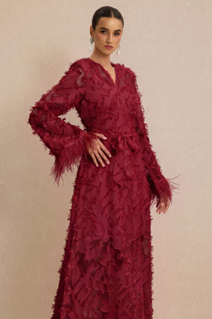 Jacquard Bell Sleeve Feather Midi Dress