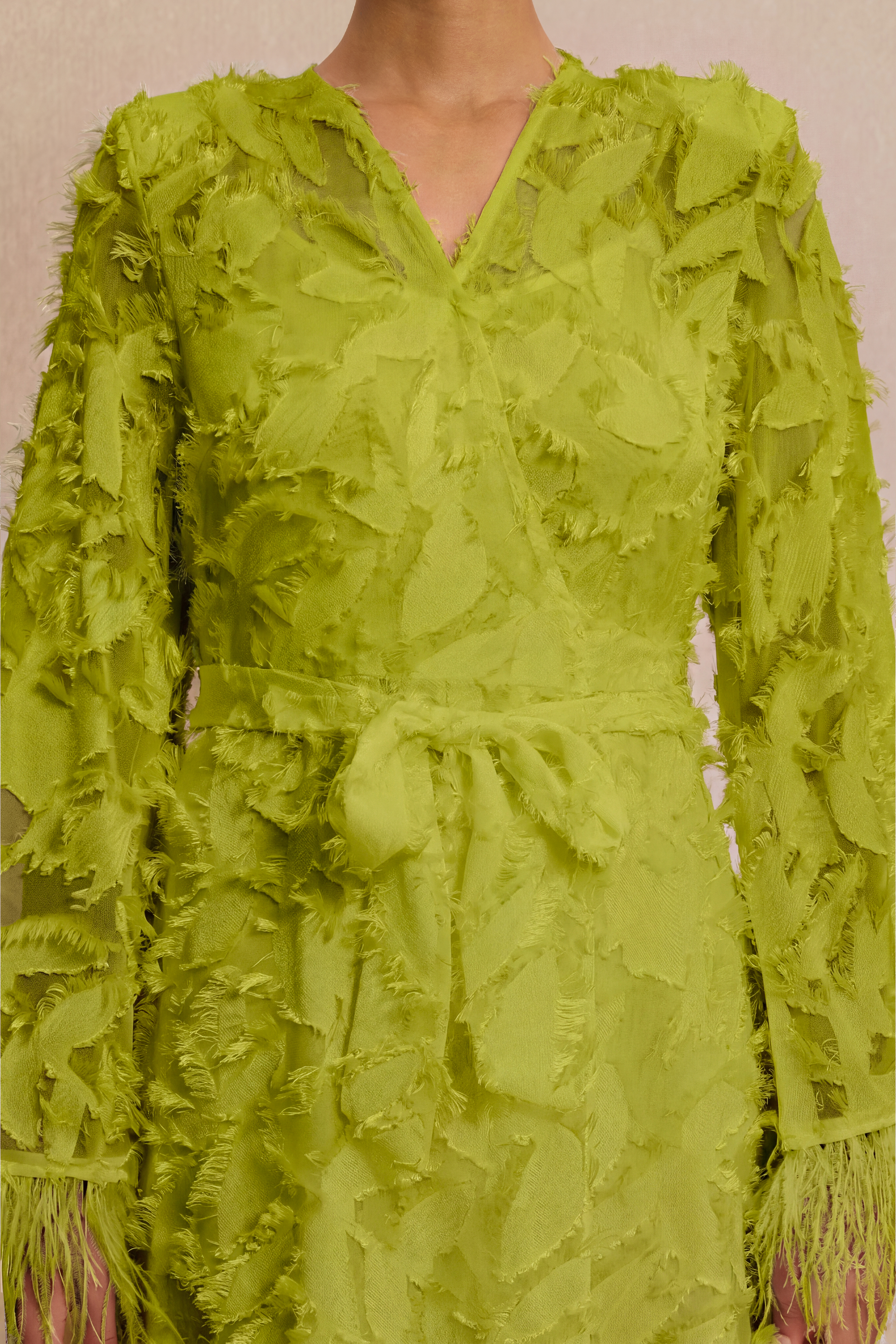 Jacquard Bell Sleeve Feather Midi Dress