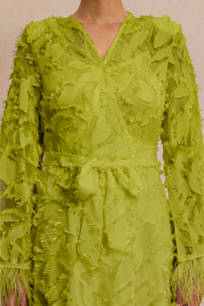 Jacquard Bell Sleeve Feather Midi Dress