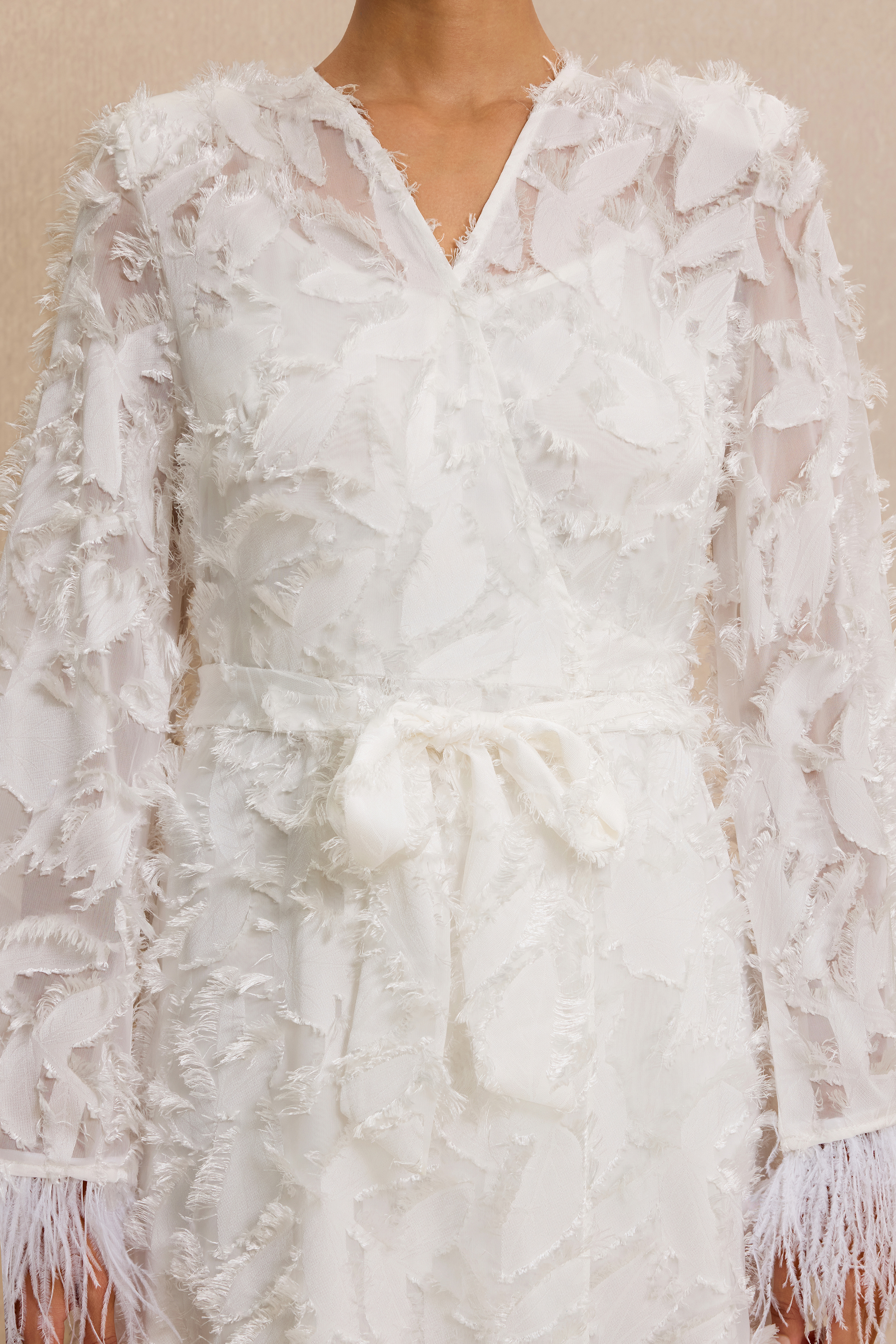 Jacquard Bell Sleeve Feather Midi Dress