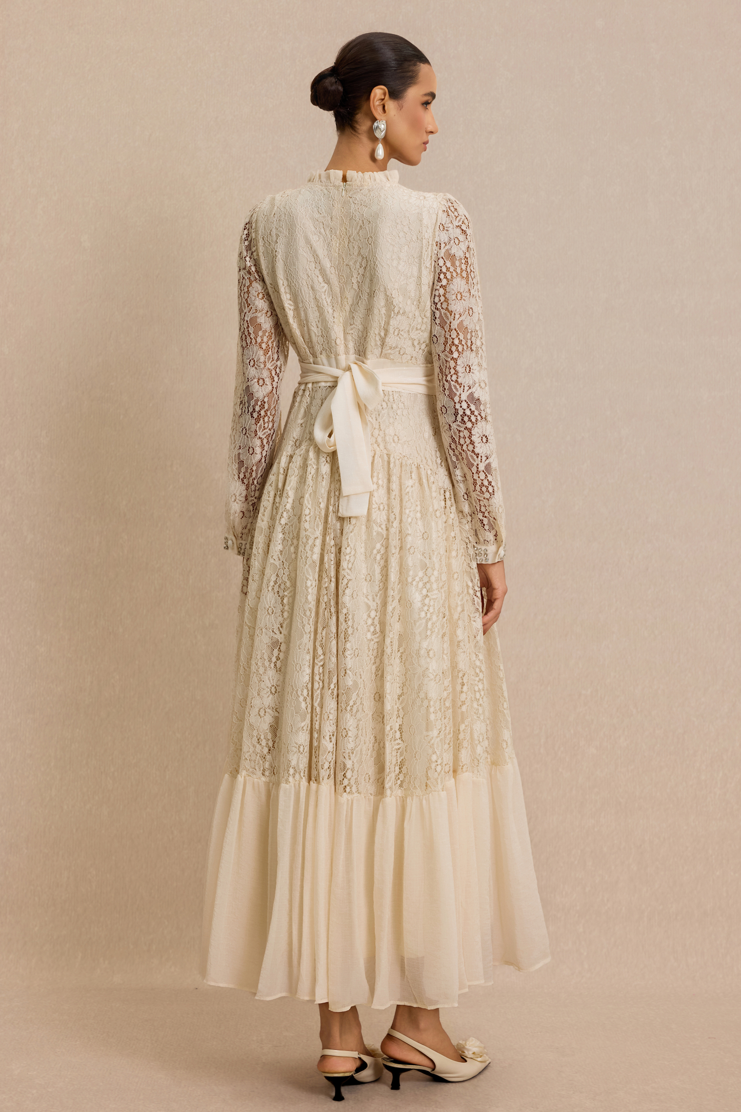 Lace 3D Flower Rhinestone Rivets Midi Dress