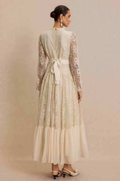Lace 3D Flower Rhinestone Rivets Midi Dress