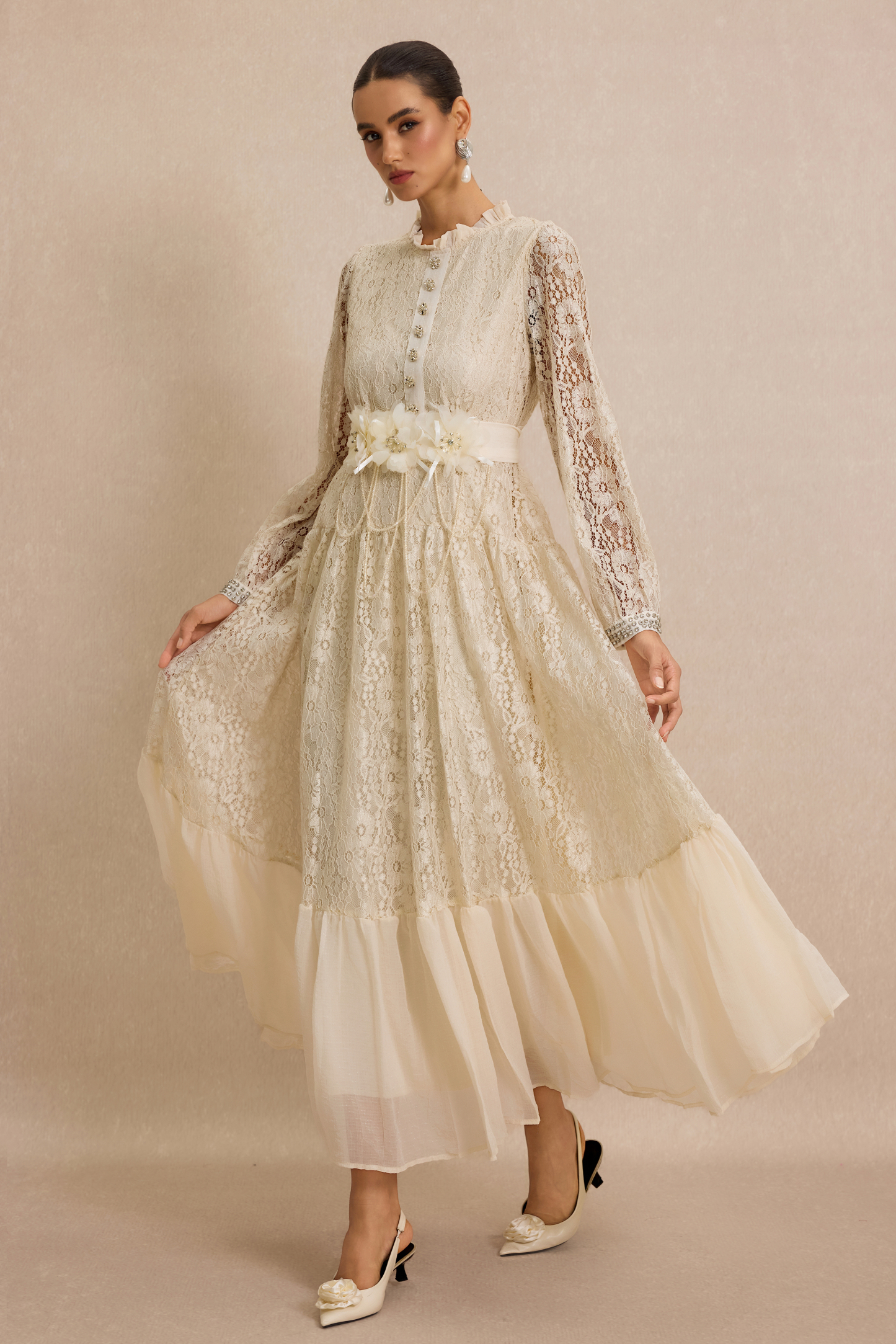 Lace 3D Flower Rhinestone Rivets Midi Dress