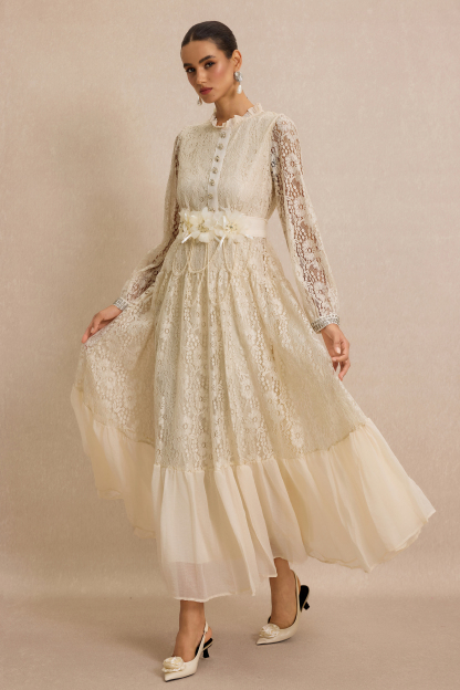 Lace 3D Flower Rhinestone Rivets Midi Dress