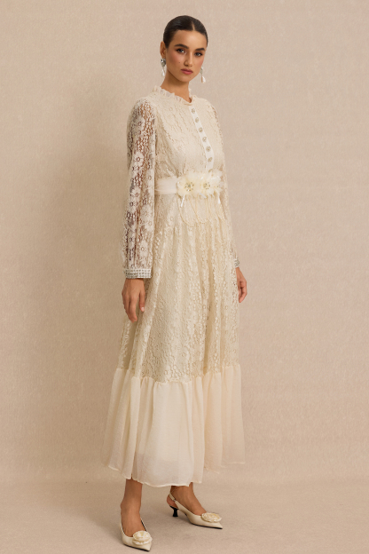 Lace 3D Flower Rhinestone Rivets Midi Dress