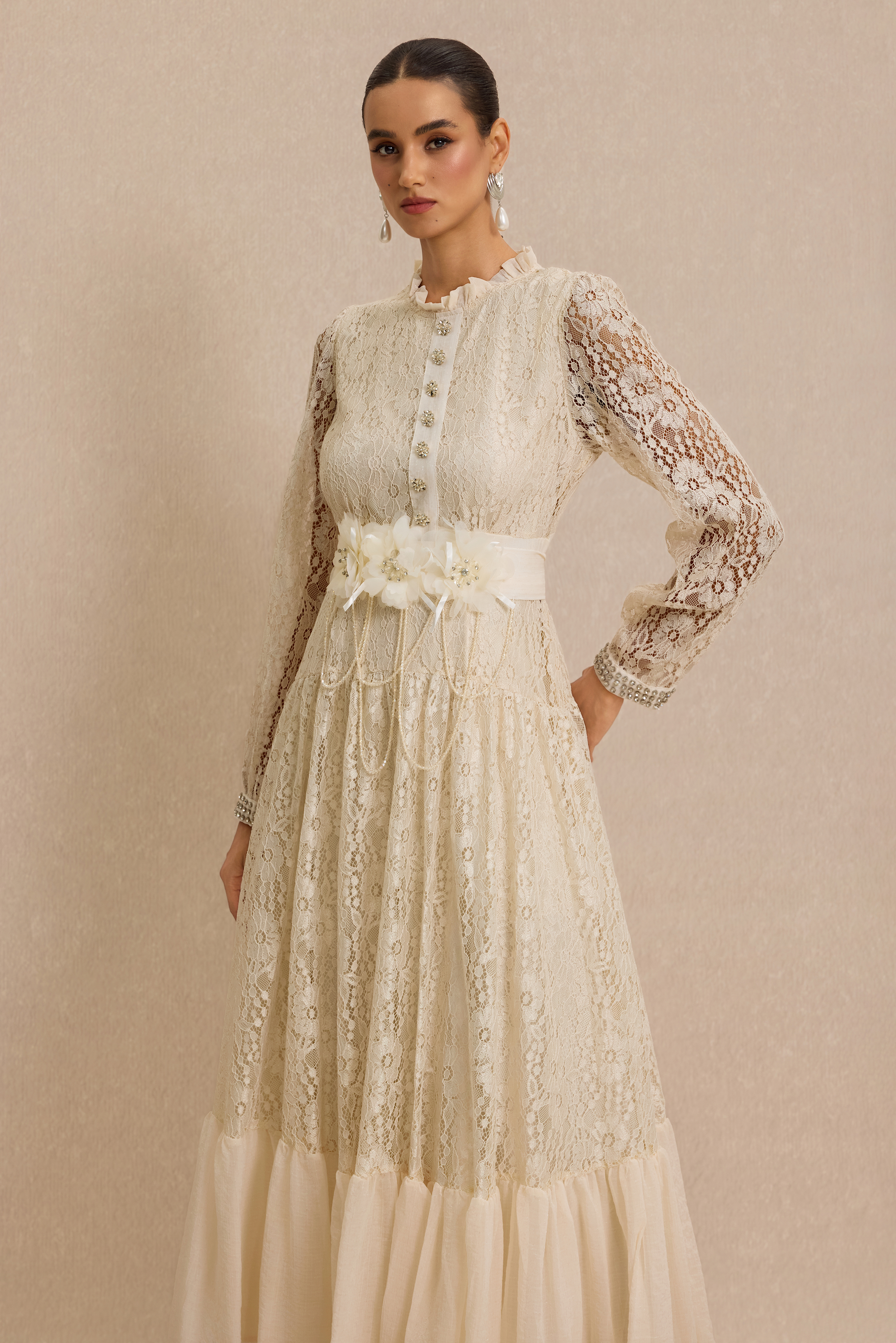 Lace 3D Flower Rhinestone Rivets Midi Dress