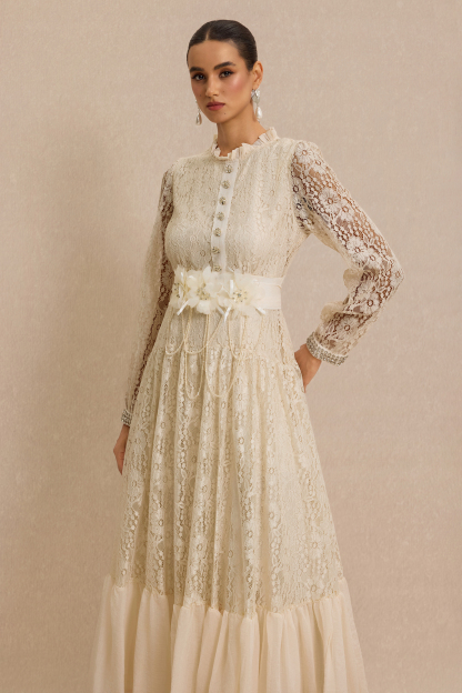 Lace 3D Flower Rhinestone Rivets Midi Dress