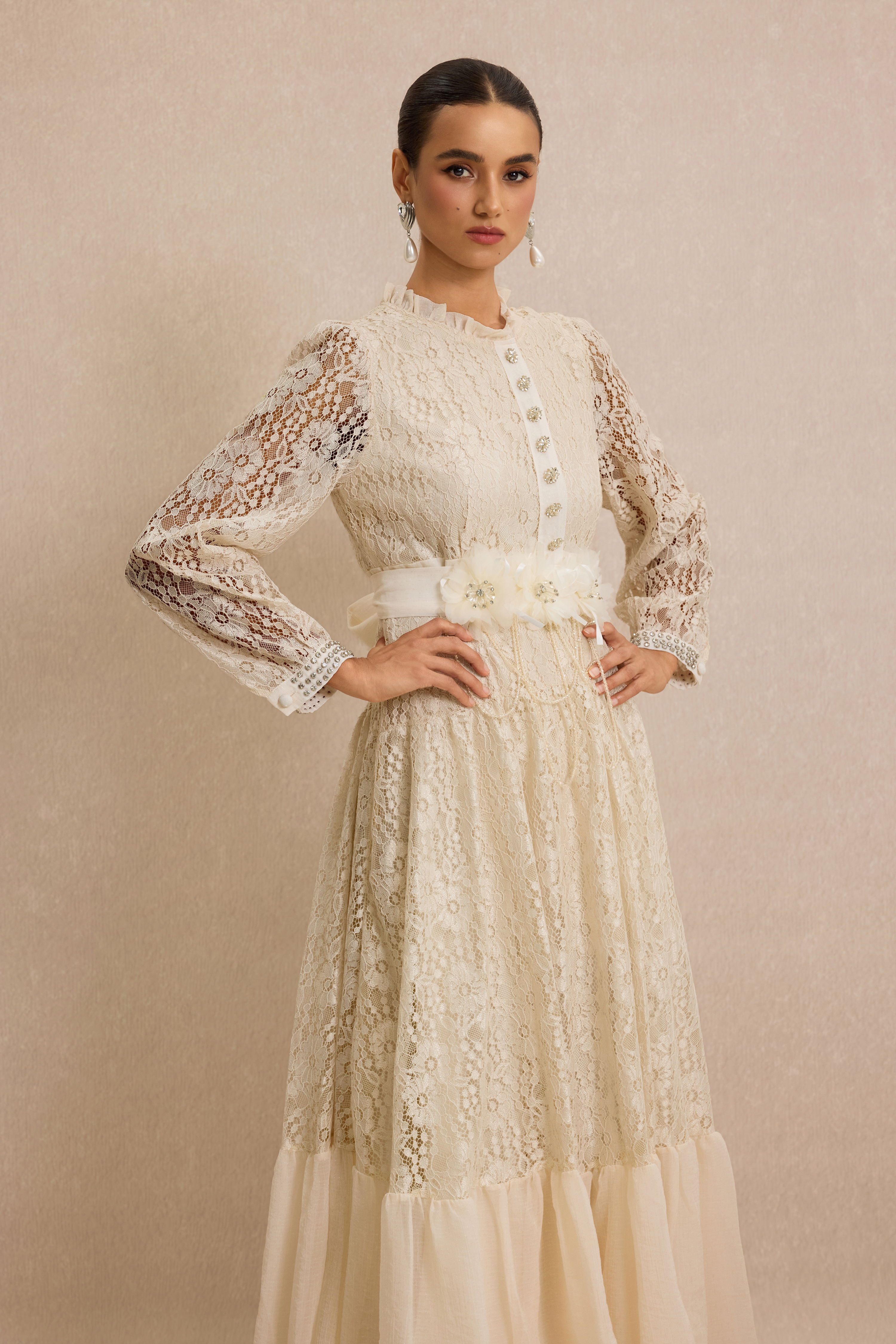 Lace 3D Flower Rhinestone Rivets Midi Dress