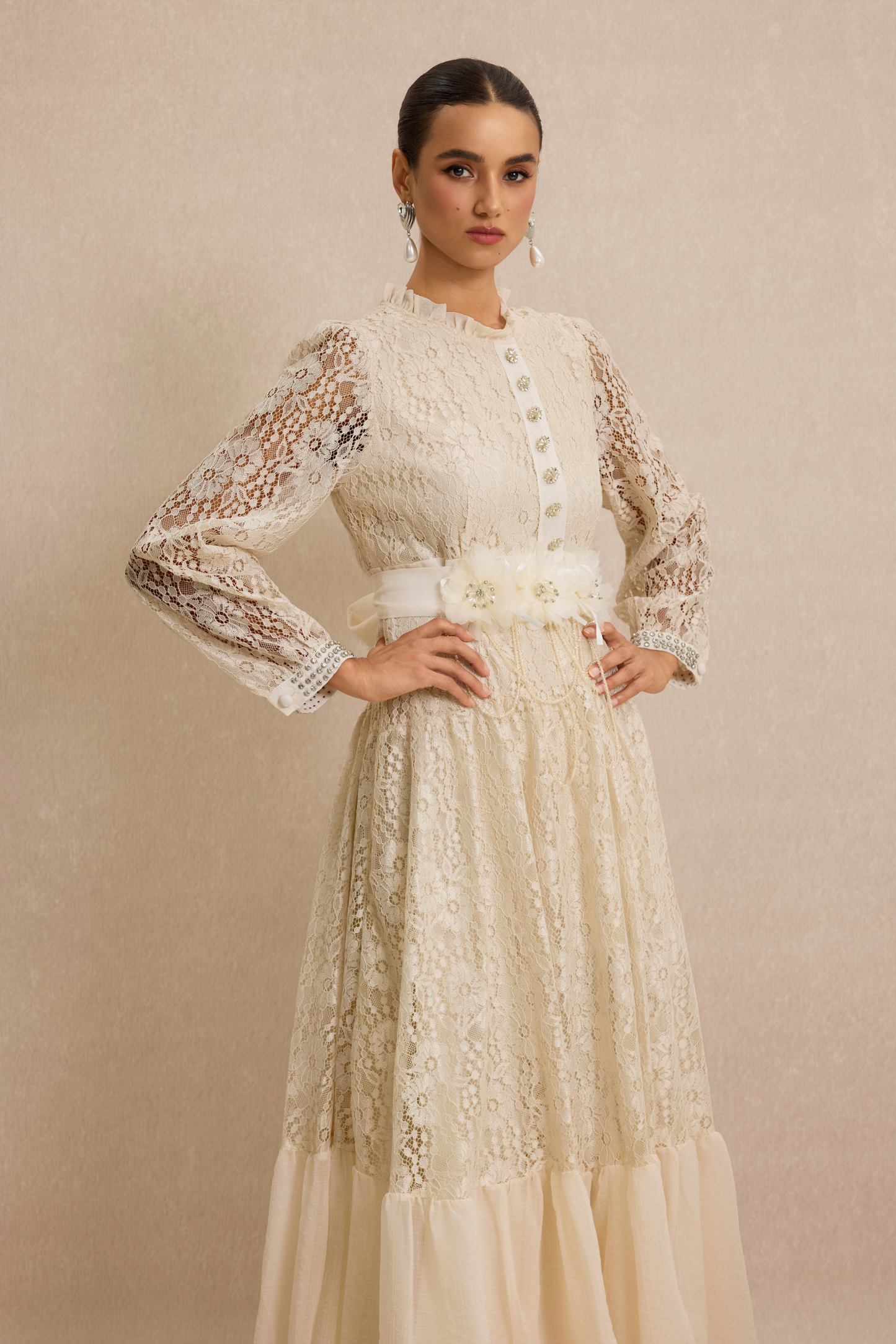 Lace 3D Flower Rhinestone Rivets Midi Dress