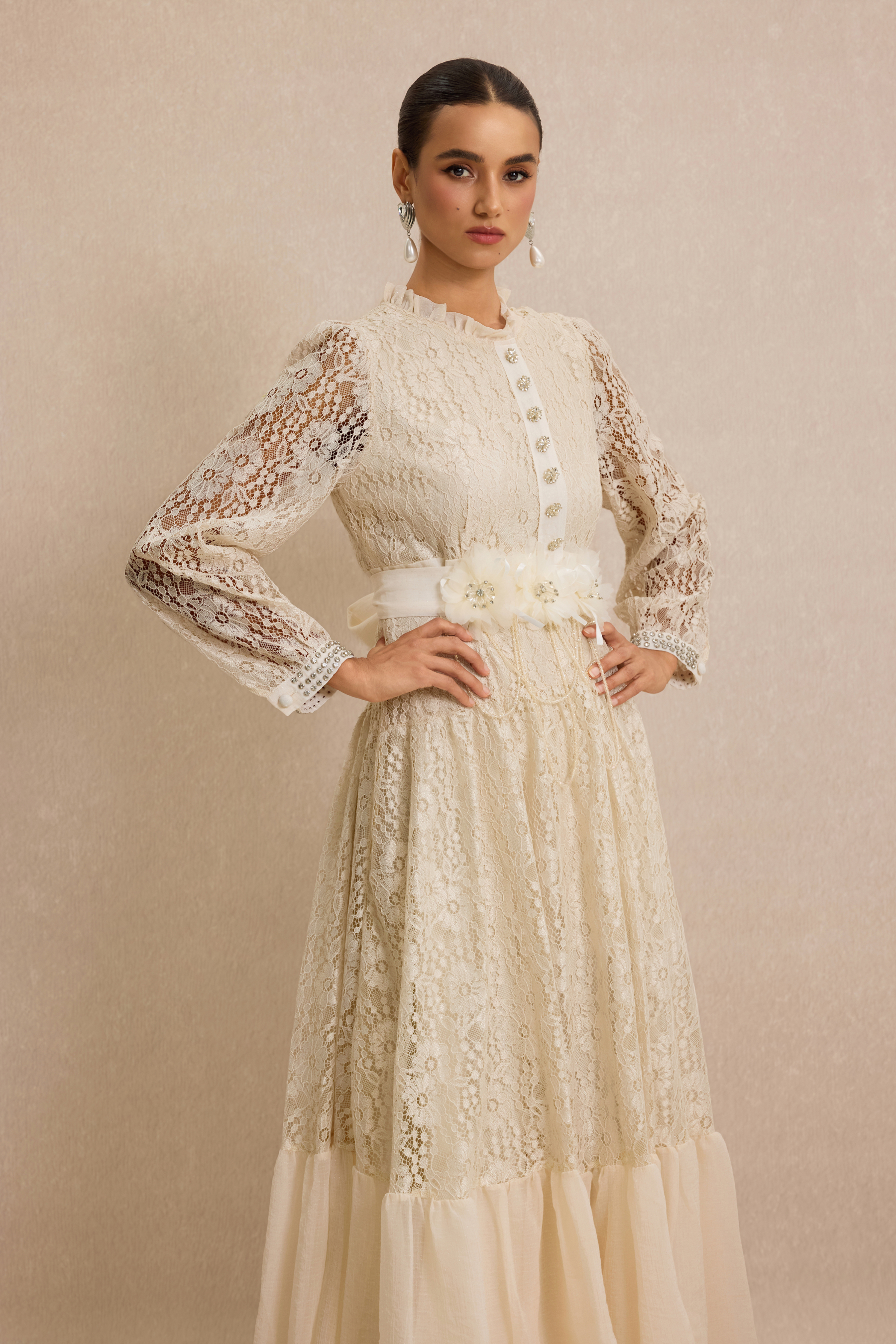 Lace 3D Flower Rhinestone Rivets Midi Dress