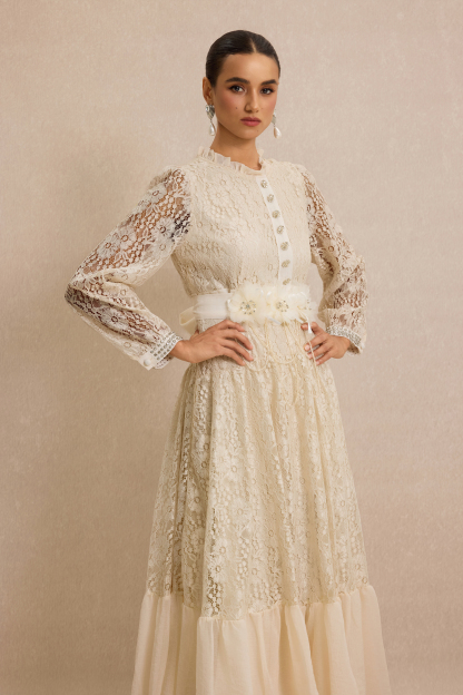 Lace 3D Flower Rhinestone Rivets Midi Dress