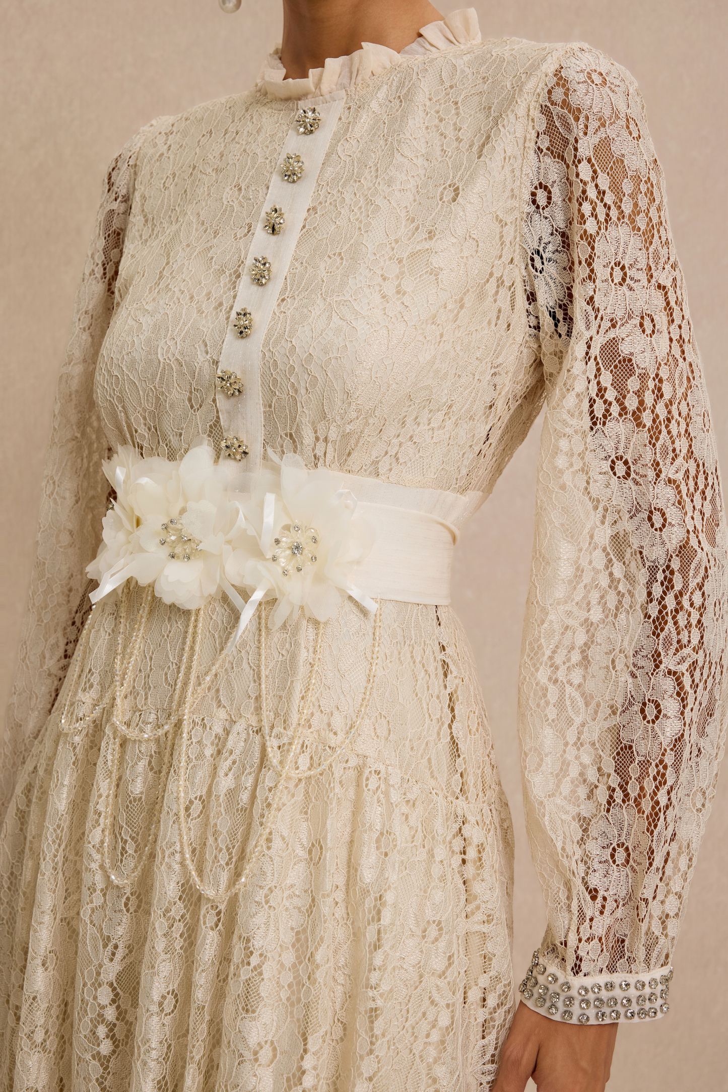 Lace 3D Flower Rhinestone Rivets Midi Dress