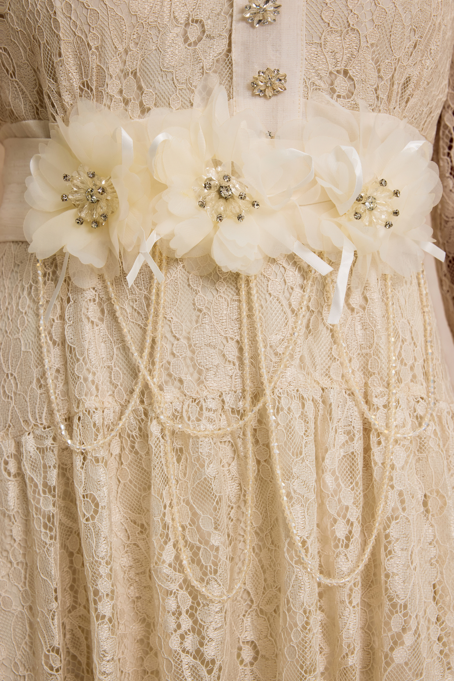 Lace 3D Flower Rhinestone Rivets Midi Dress