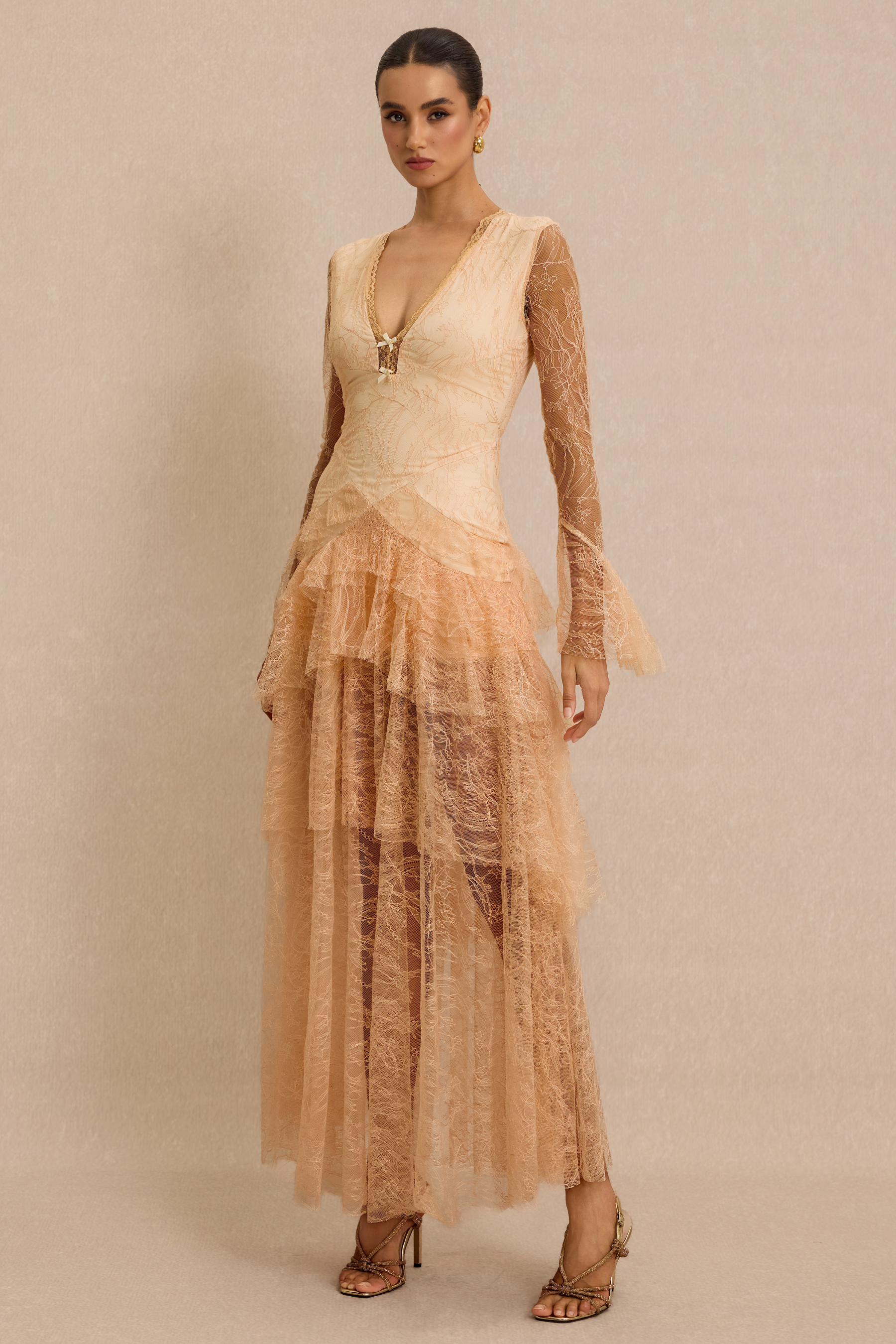 Lace Ruffle Bell Sleeve Maxi Dress