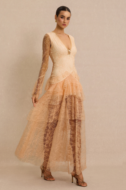 Lace Ruffle Bell Sleeve Maxi Dress