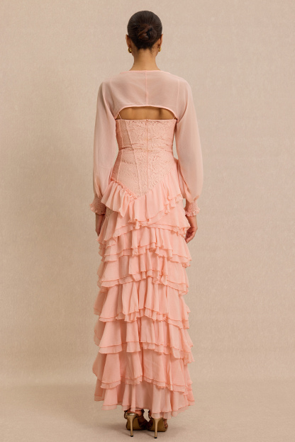 Lace Ruffle Sweetheart Neck Maxi Dress