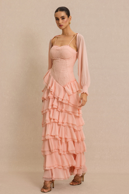Lace Ruffle Sweetheart Neck Maxi Dress