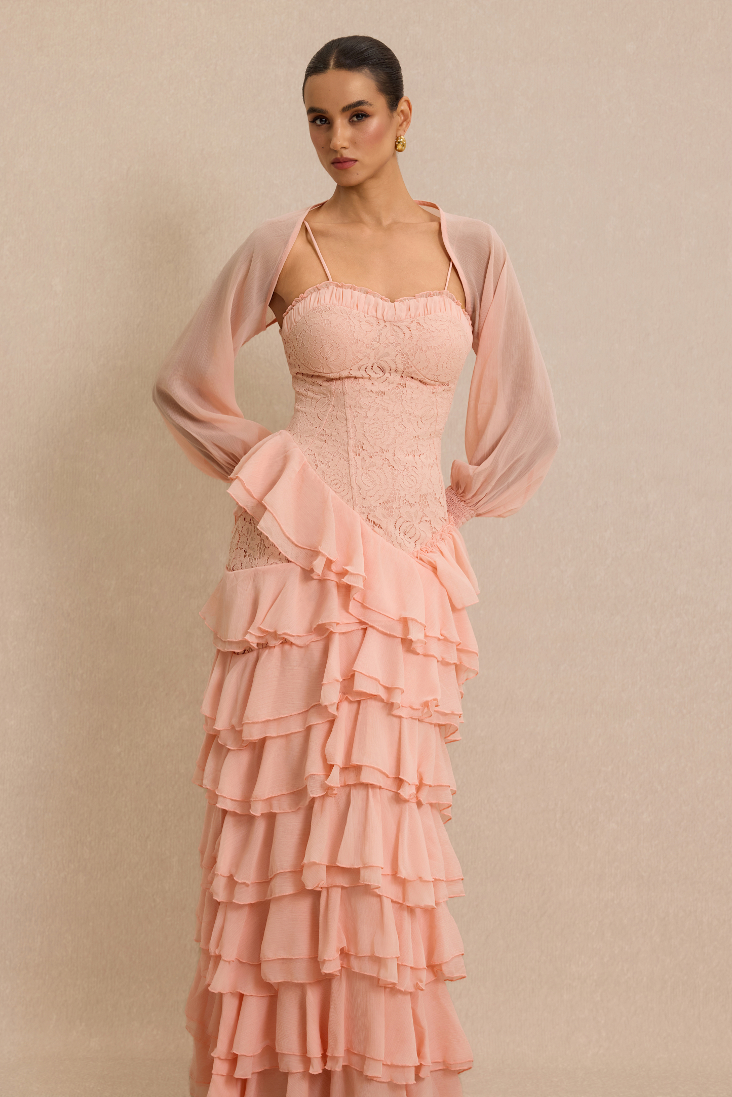 Lace Ruffle Sweetheart Neck Maxi Dress