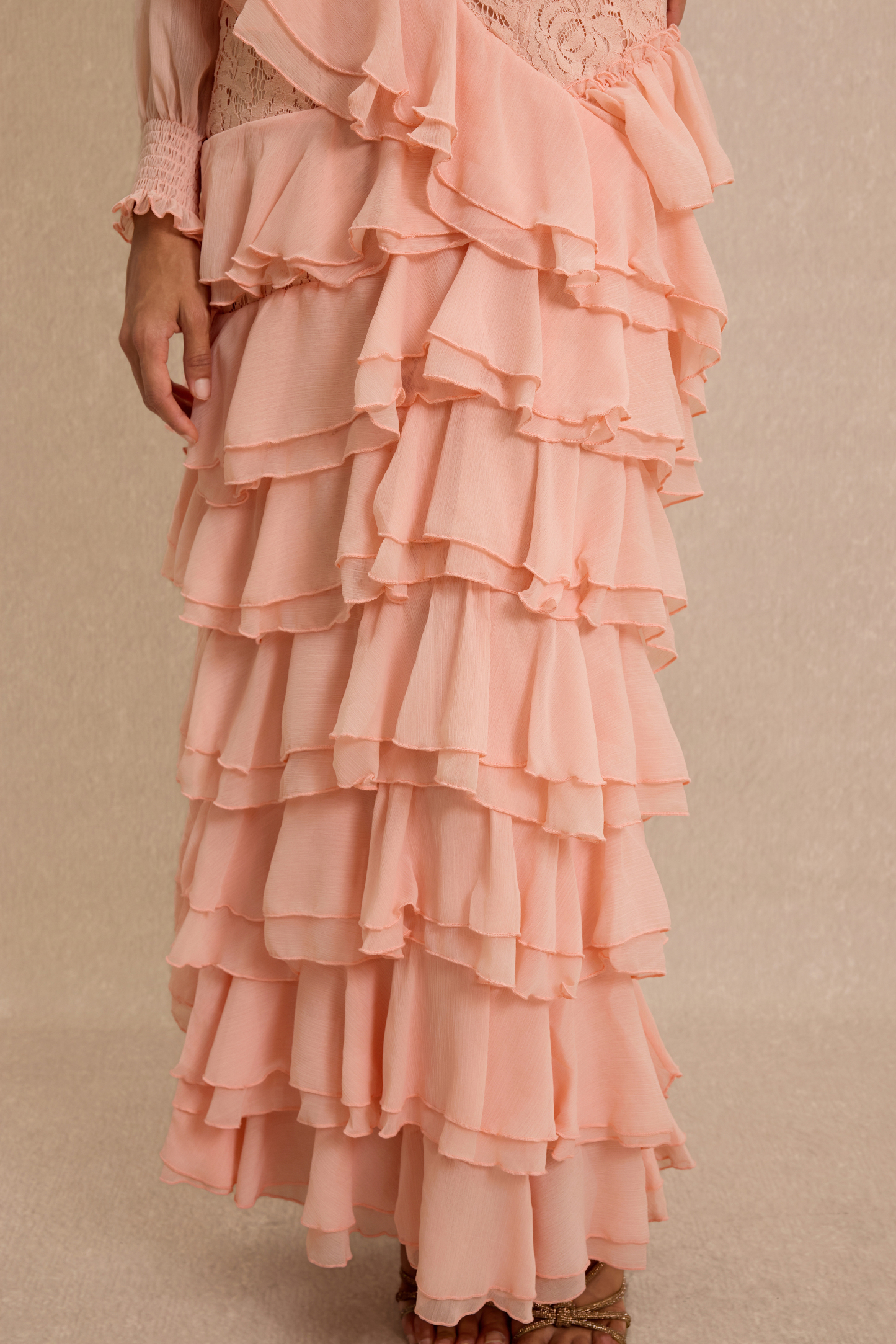 Lace Ruffle Sweetheart Neck Maxi Dress