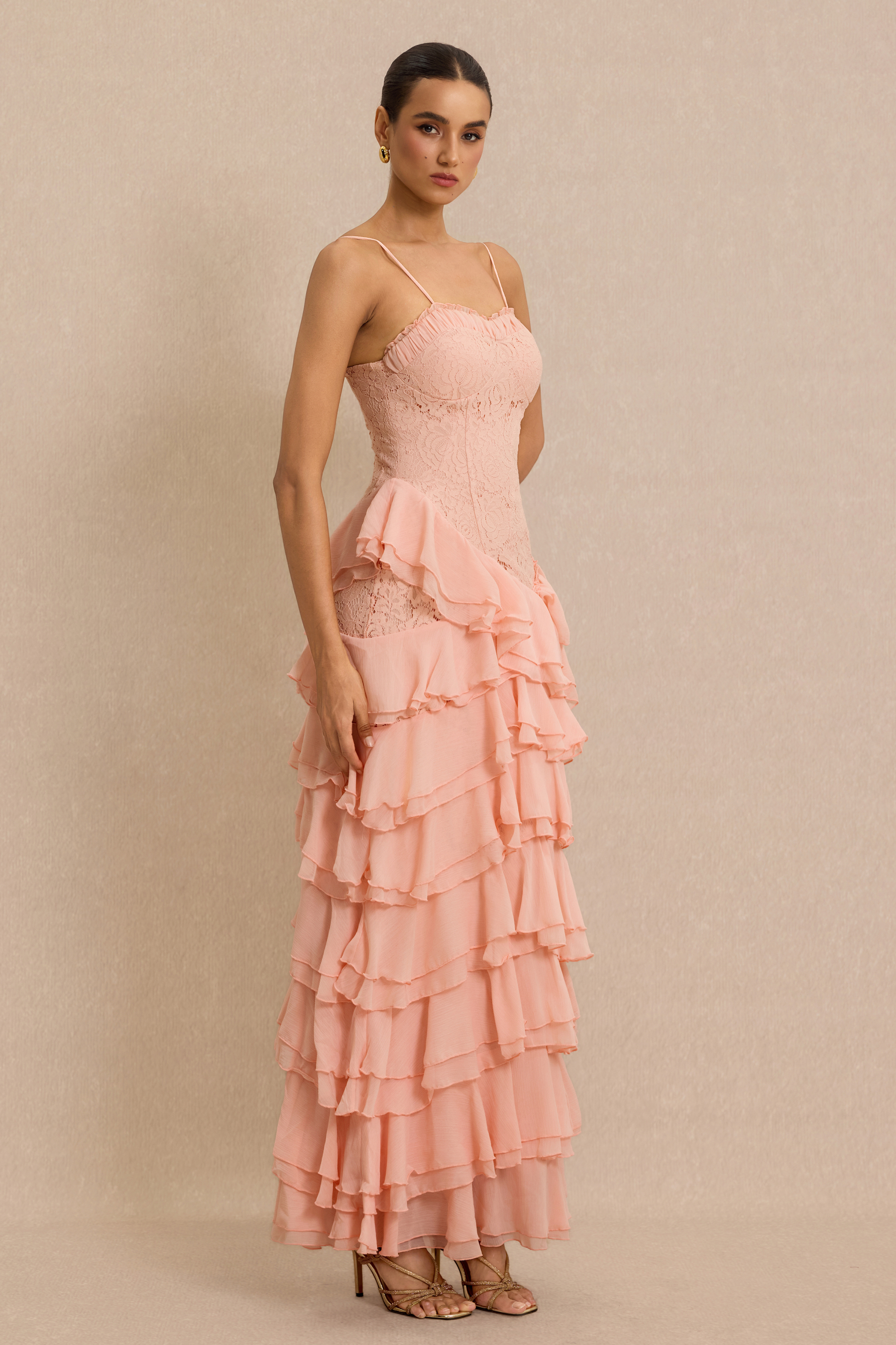 Lace Ruffle Sweetheart Neck Maxi Dress