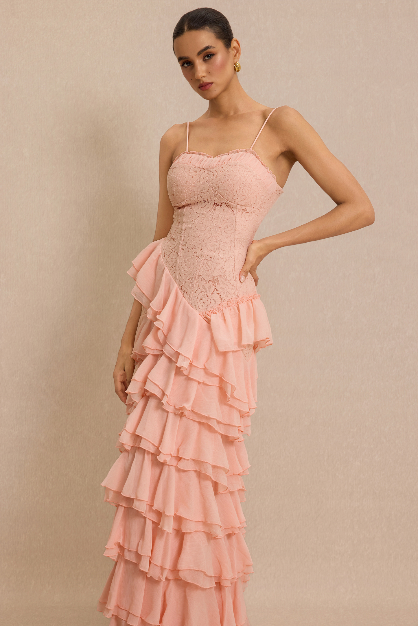 Lace Ruffle Sweetheart Neck Maxi Dress