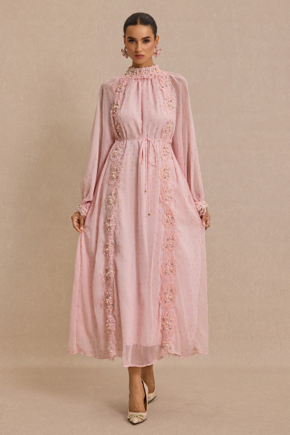 Luxury Embroidered Faux Pearl Maxi Dress