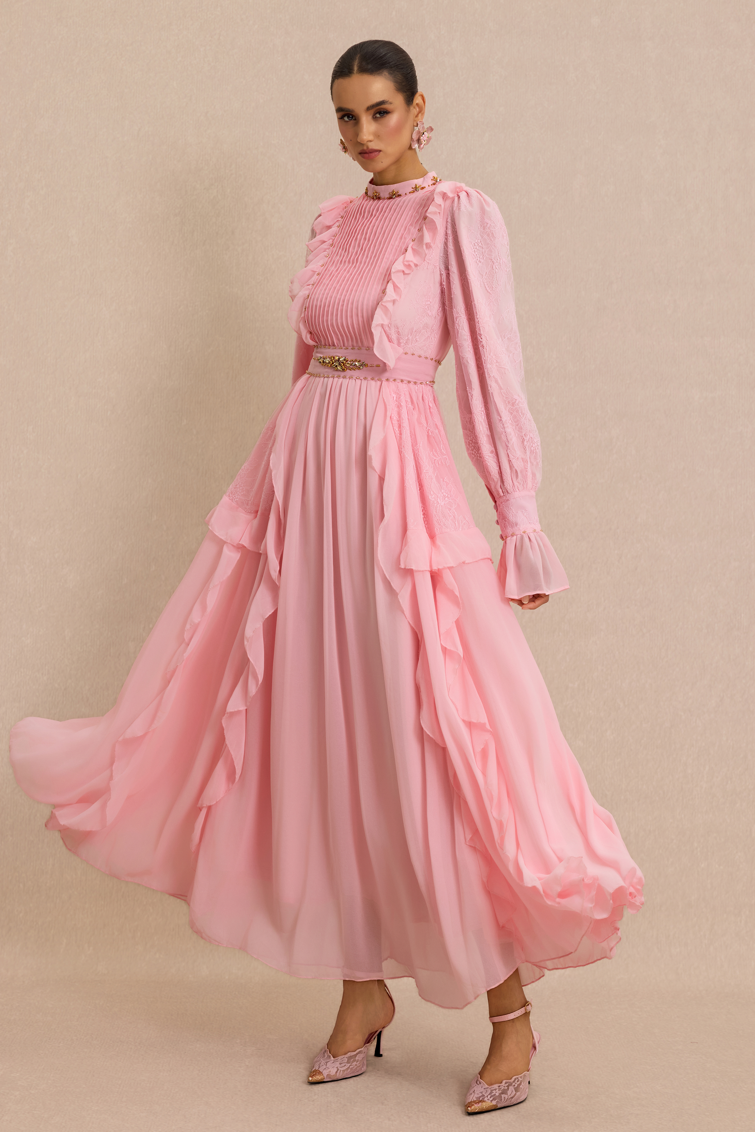 Beaded Frill Midi Dress With Belt