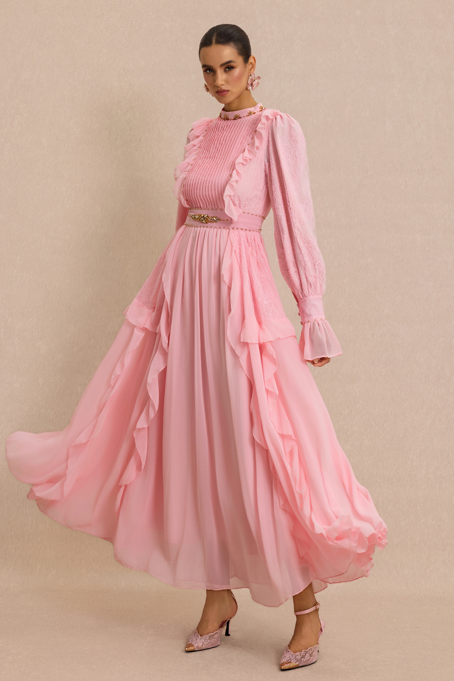 Beaded Frill Midi Dress With Belt