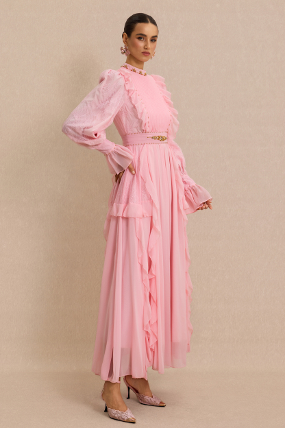 Beaded Frill Midi Dress With Belt