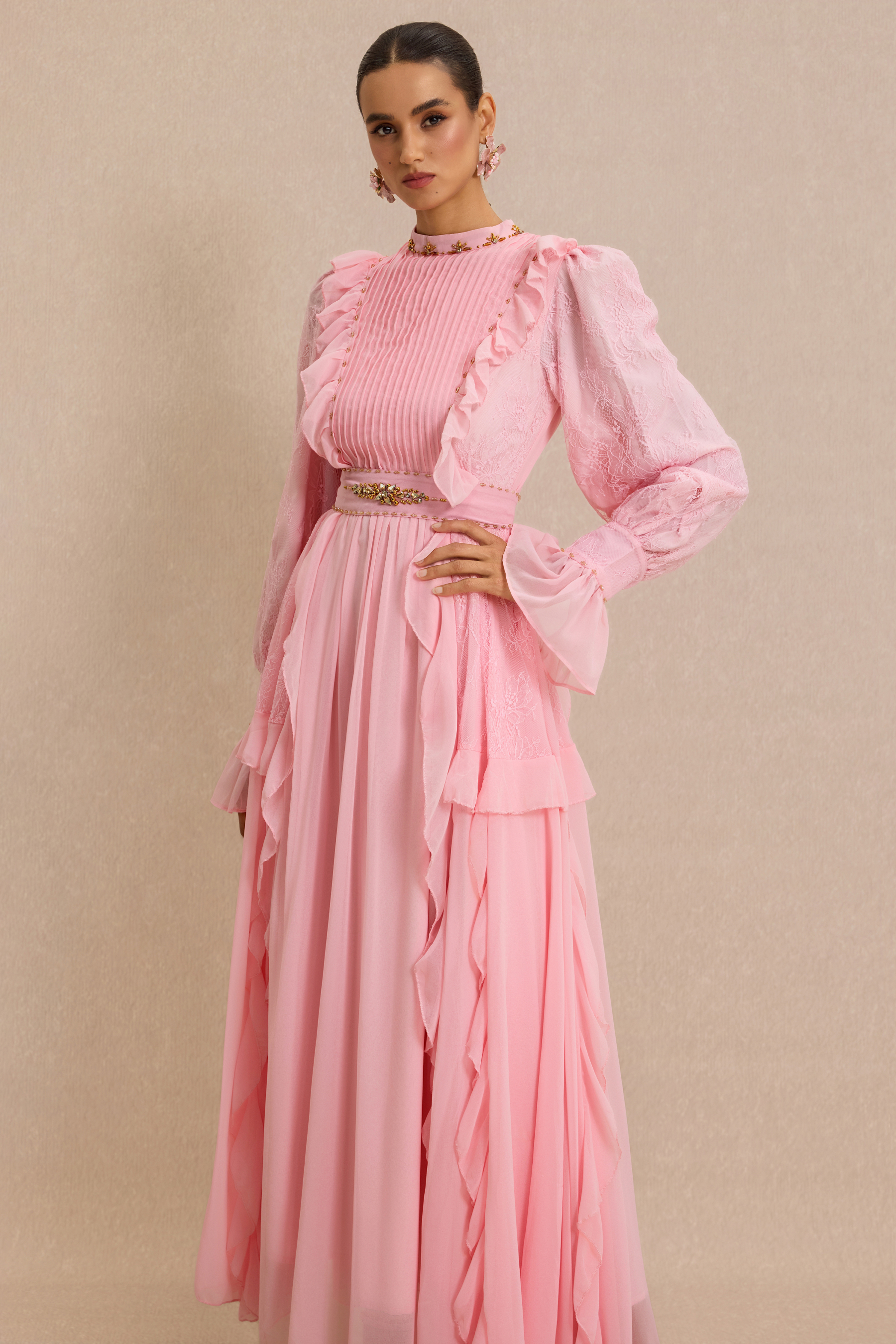 Beaded Frill Midi Dress With Belt