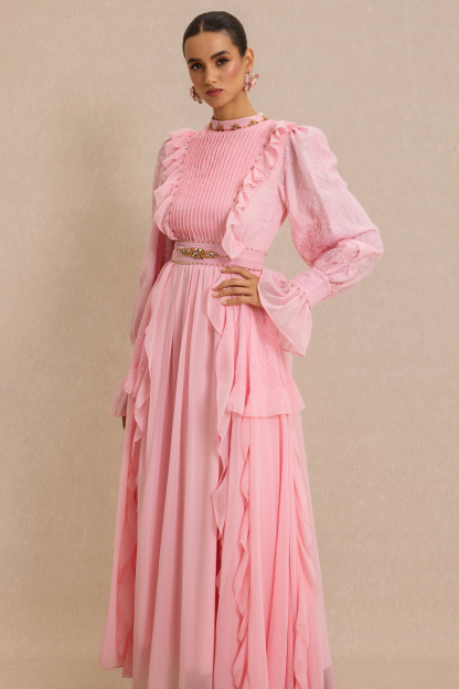 Beaded Frill Midi Dress With Belt
