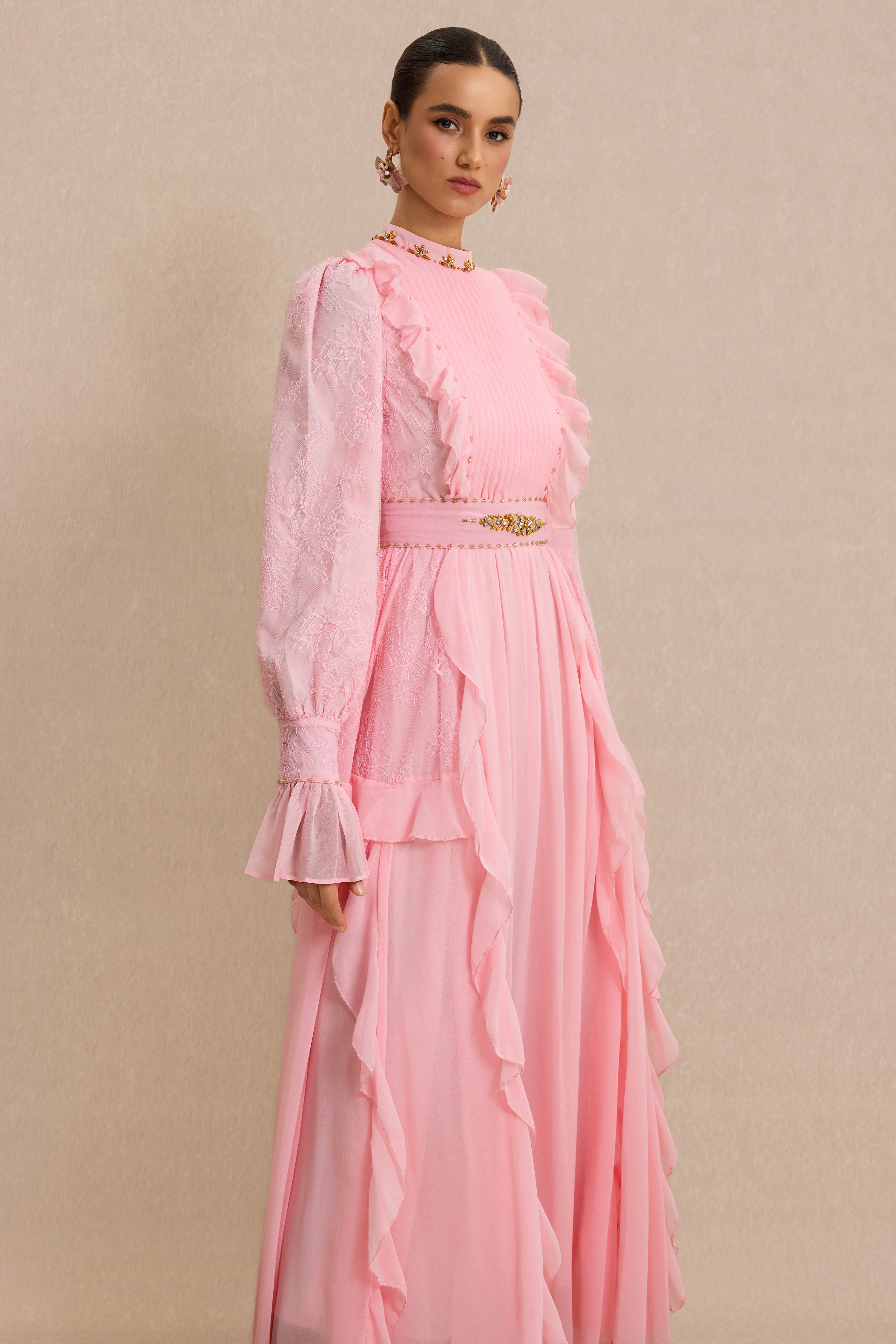 Beaded Frill Midi Dress With Belt