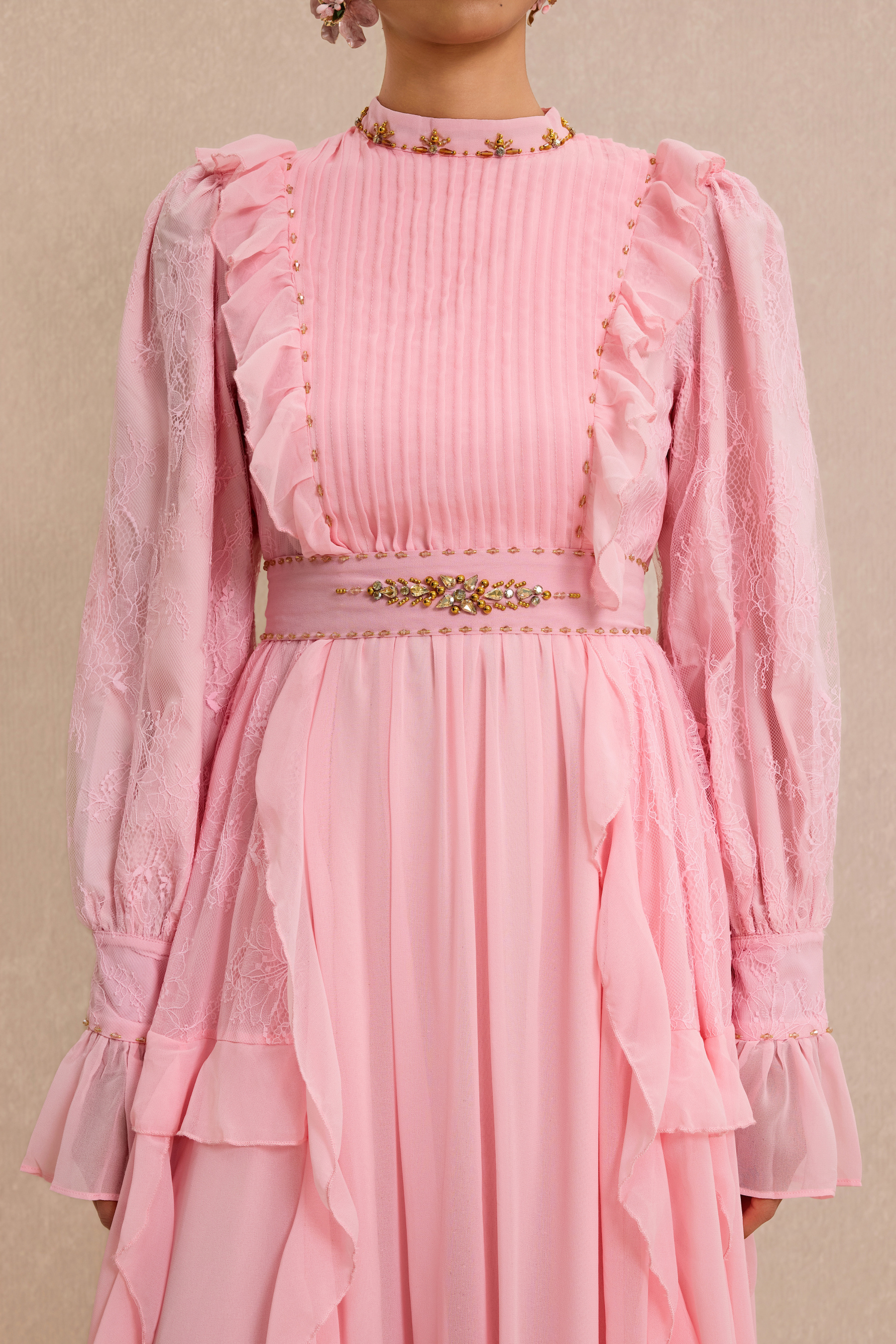 Beaded Frill Midi Dress With Belt