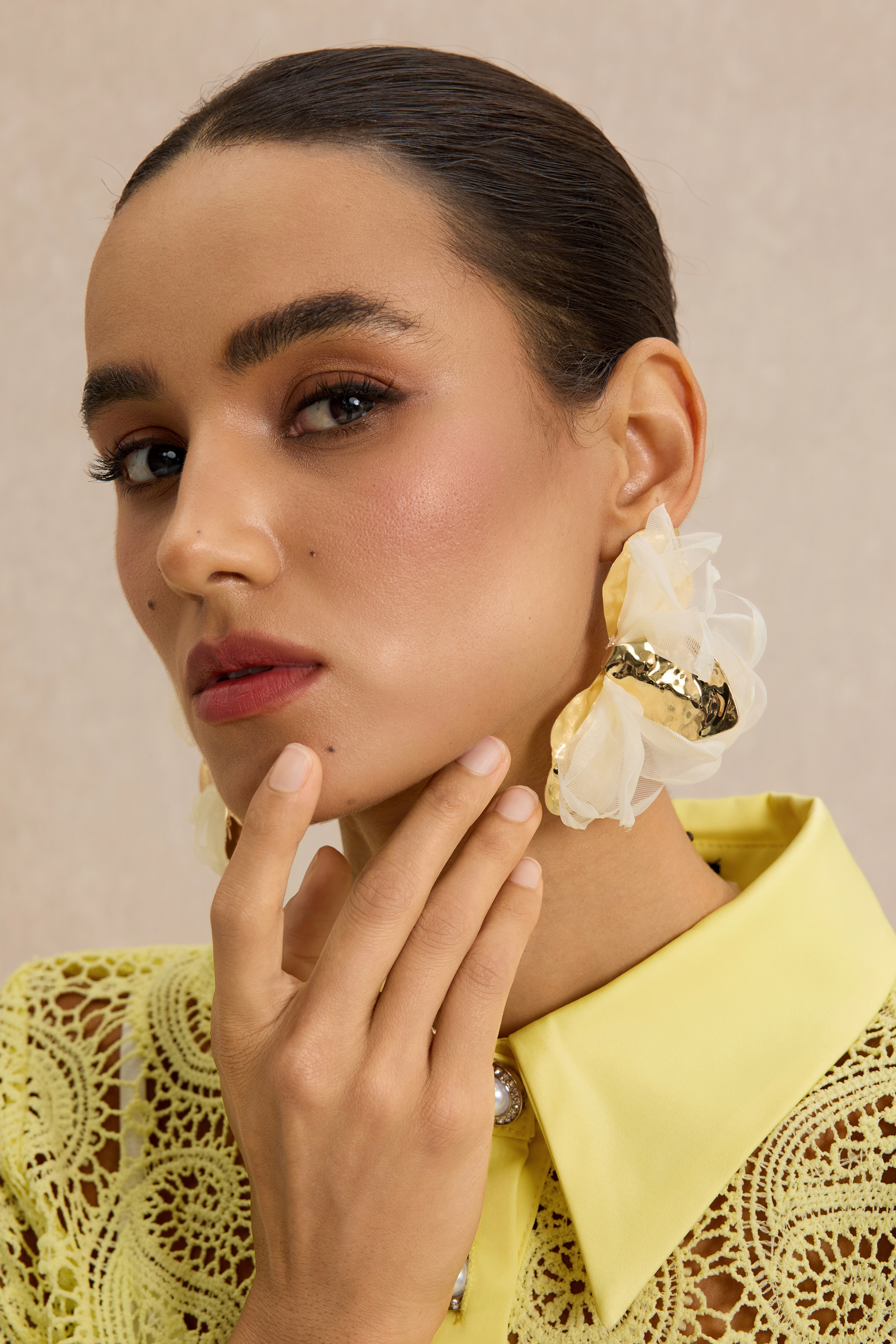 Tulle Flower Metal Petal Statement Earrings
