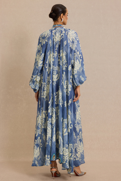 Paisley Print Lace-Up Lantern Sleeve Midi Dress