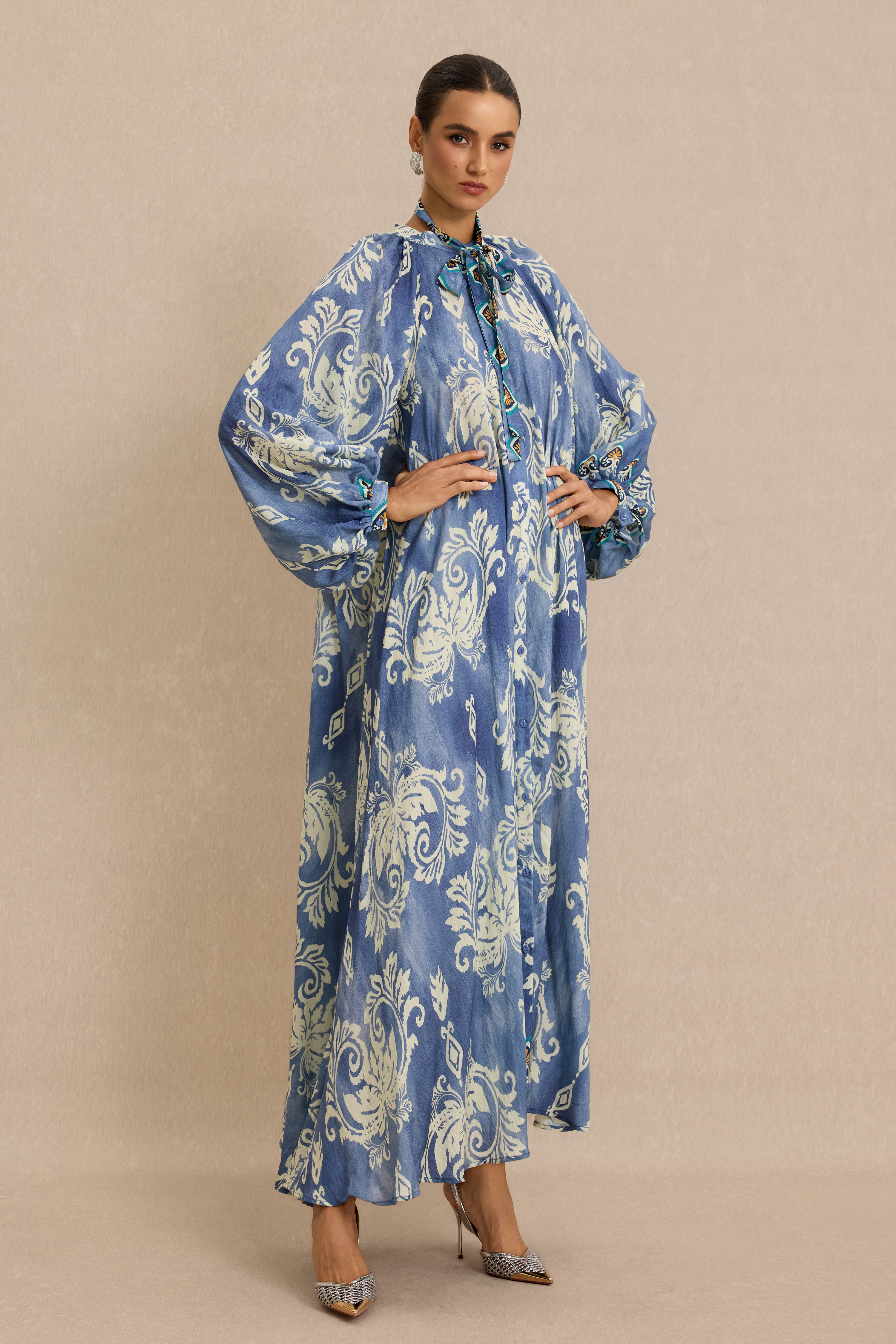 Paisley Print Lace-Up Lantern Sleeve Midi Dress