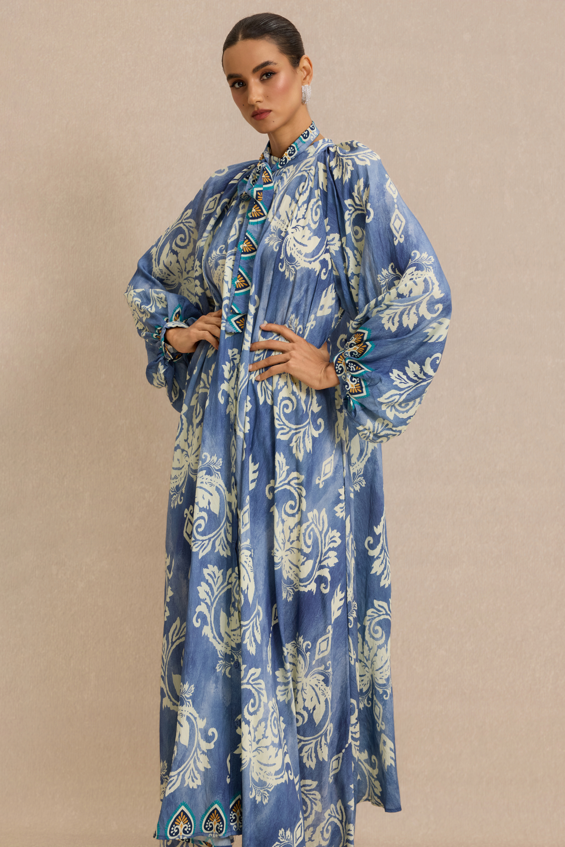 Paisley Print Lace-Up Lantern Sleeve Midi Dress