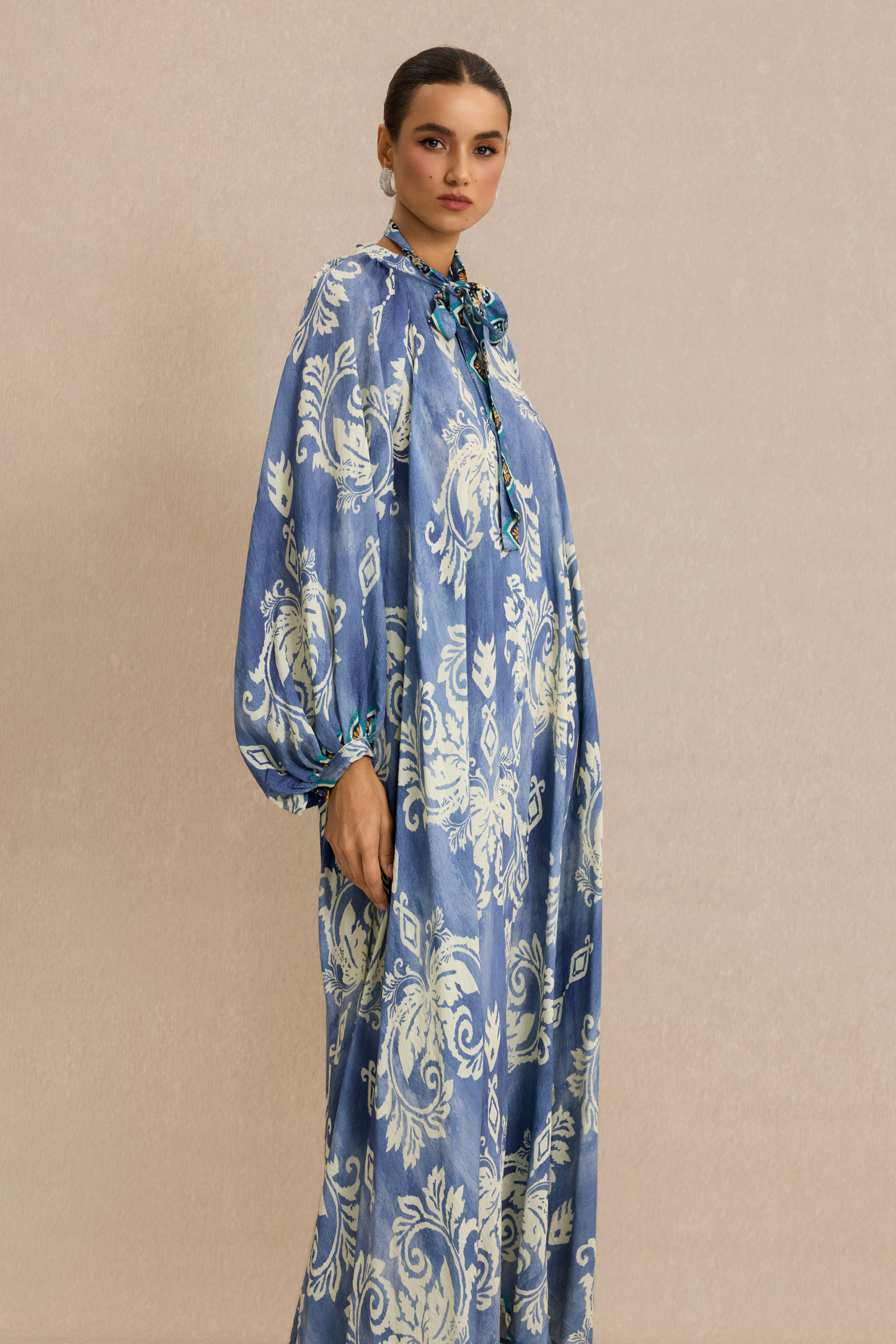 Paisley Print Lace-Up Lantern Sleeve Midi Dress