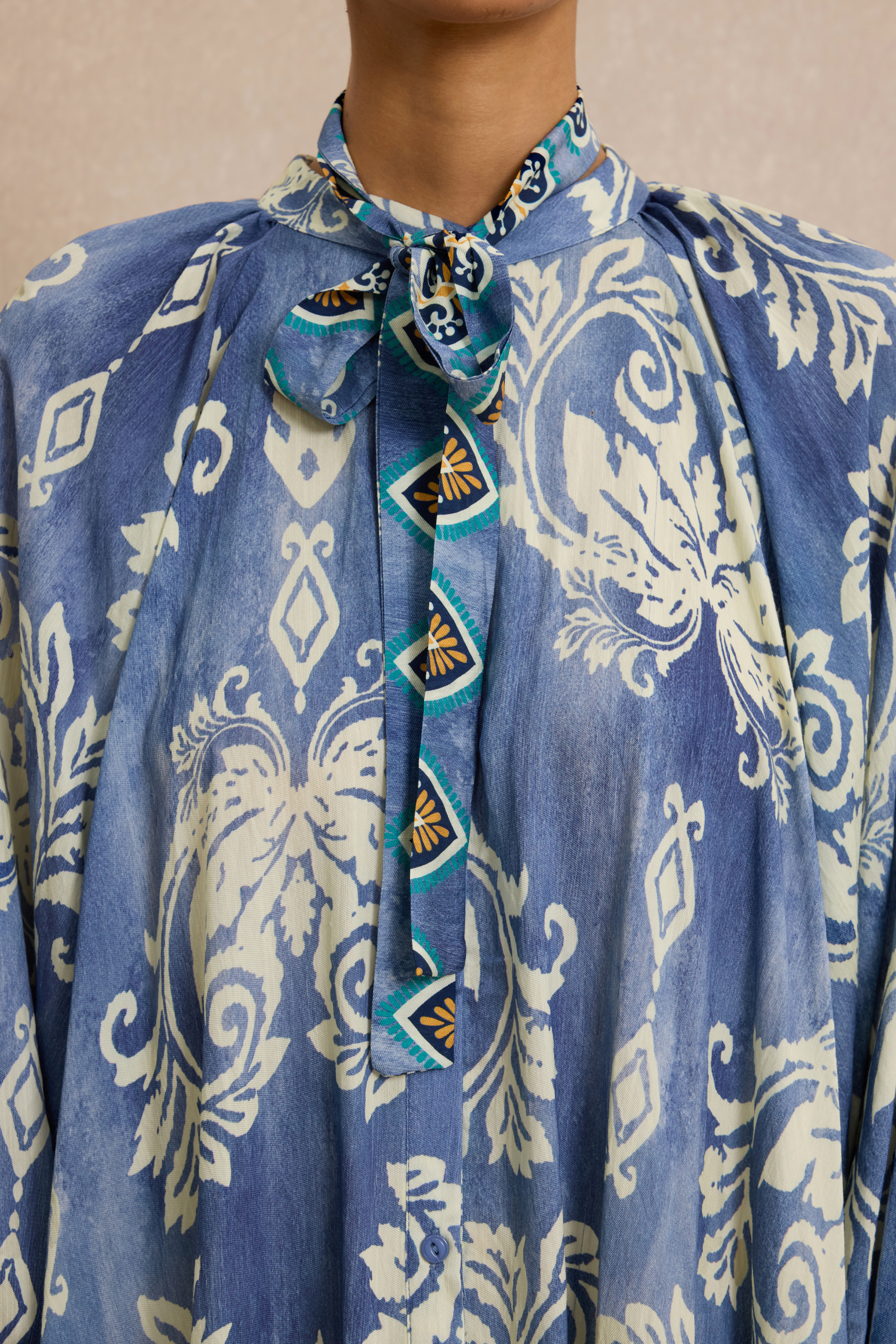 Paisley Print Lace-Up Lantern Sleeve Midi Dress