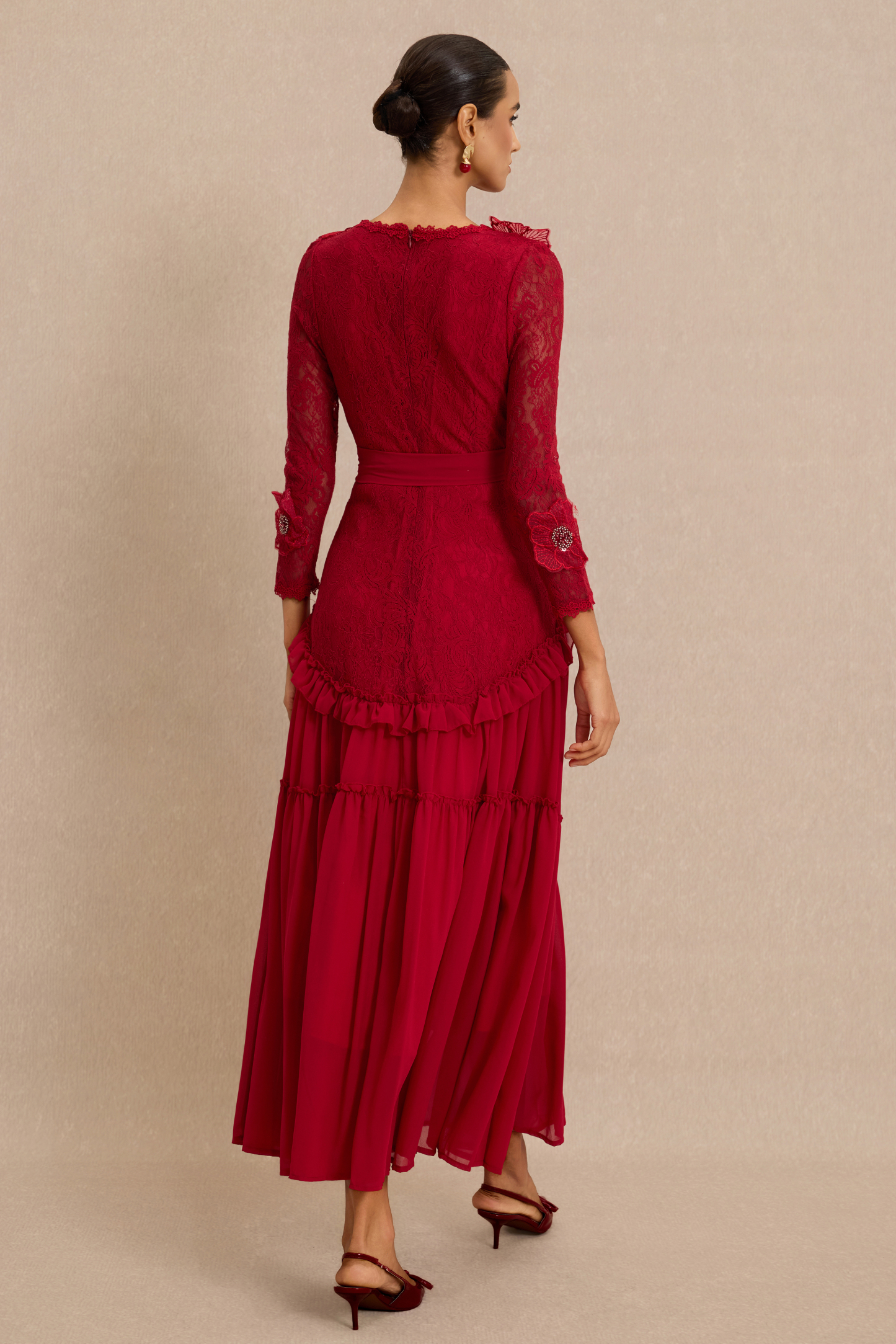 3D Flower Frill Midi Dress With Belt