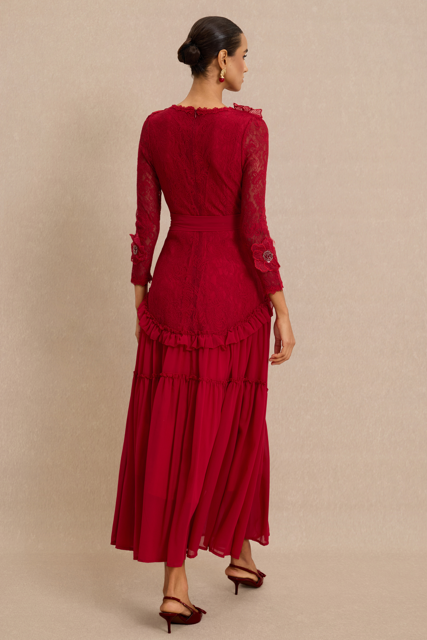 3D Flower Frill Midi Dress With Belt