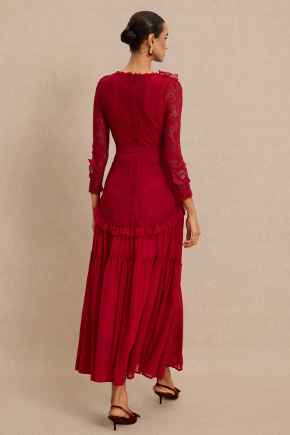 3D Flower Frill Midi Dress With Belt