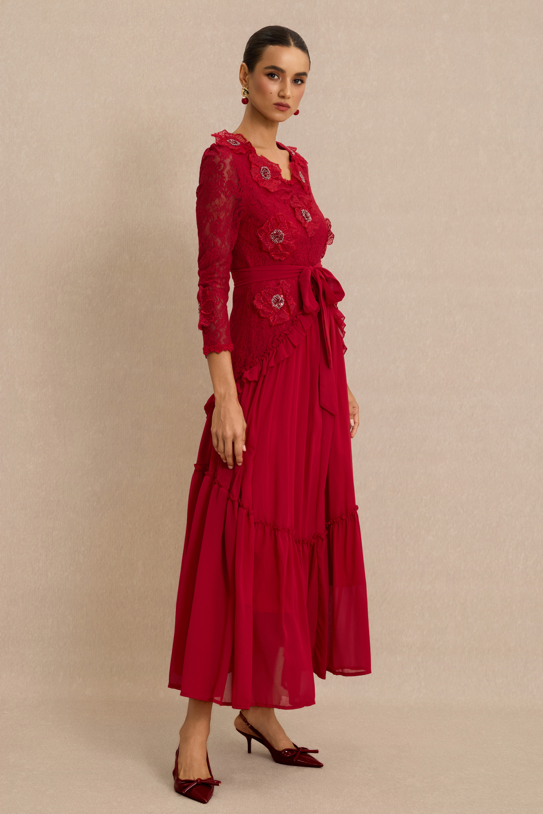 3D Flower Frill Midi Dress With Belt