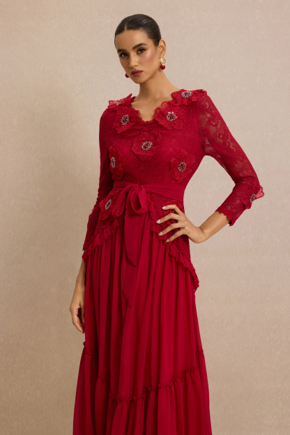 3D Flower Frill Midi Dress With Belt