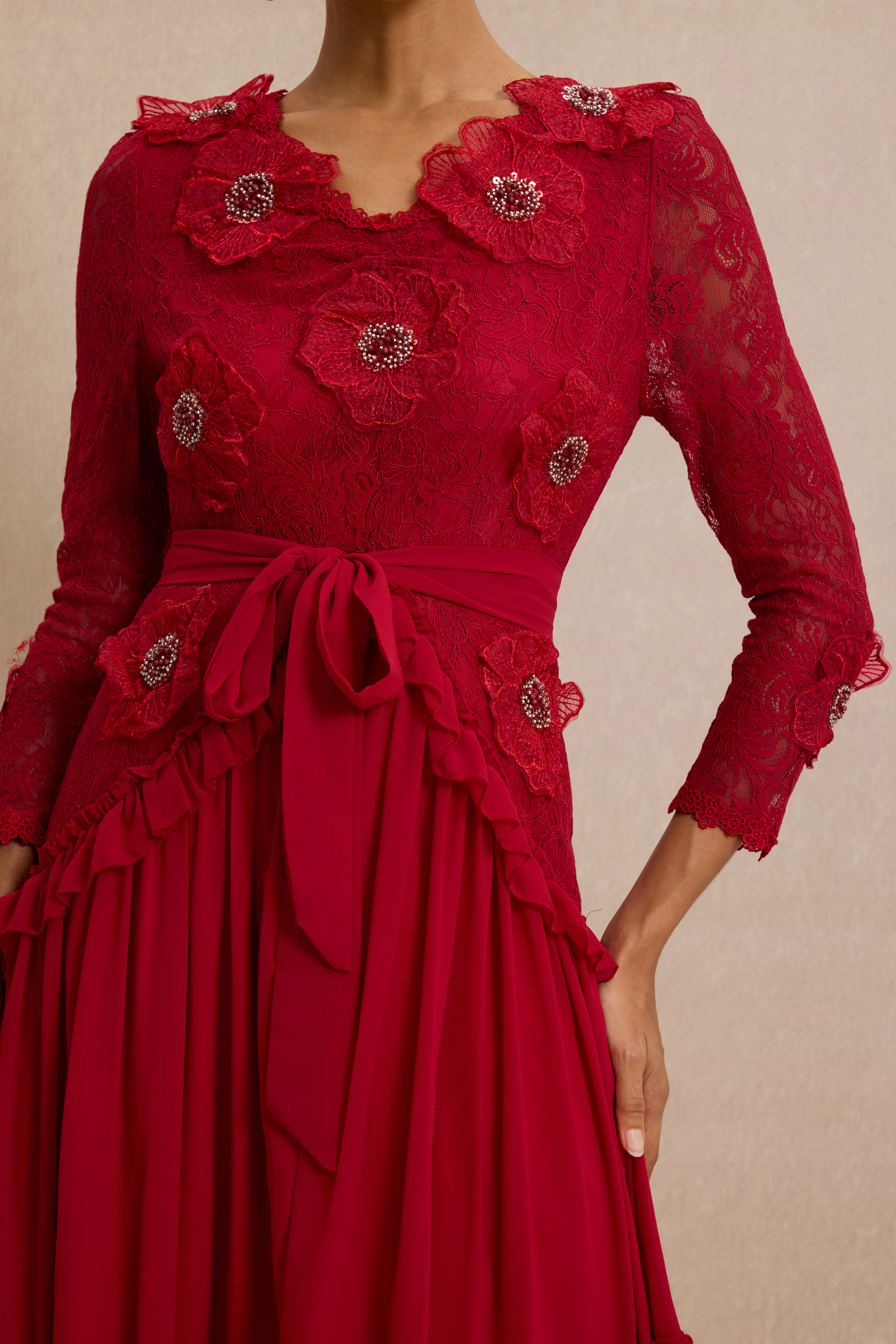 3D Flower Frill Midi Dress With Belt