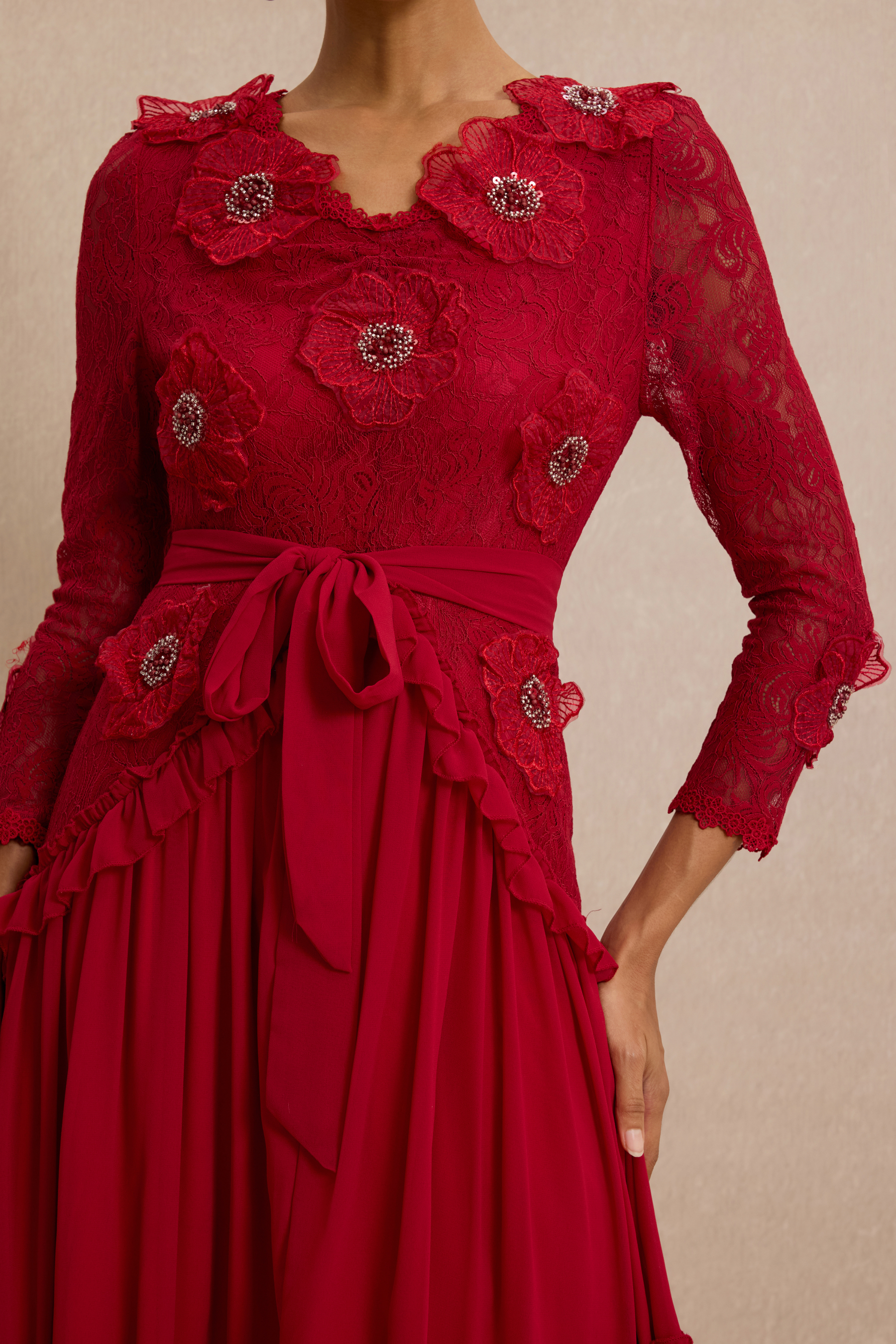 3D Flower Frill Midi Dress With Belt