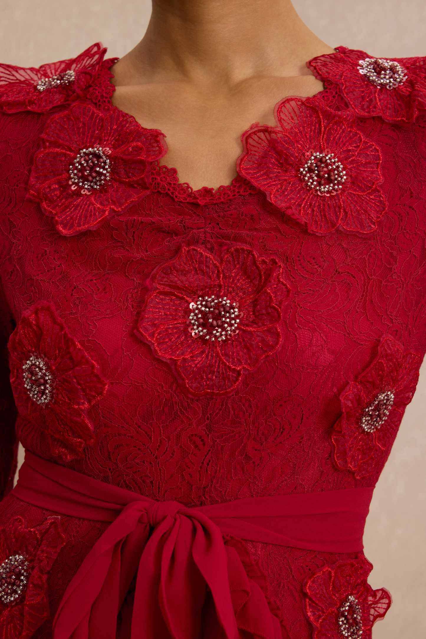 3D Flower Frill Midi Dress With Belt